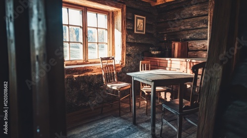 Rustic Wooden Cabin Interior With Sunlight Streaming Through Window