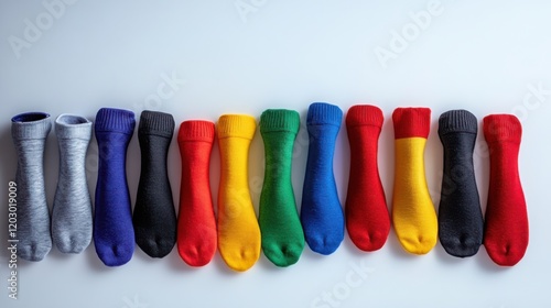 A vibrant arrangement of colorful socks laid out in a neat line on a white background photo