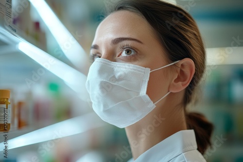 Mindful Health Aesthetics Womans Side Profile in Protective Mask Amidst Pharmacy Glow - Wellness Content and Safety in Modern Healthcare Environments photo