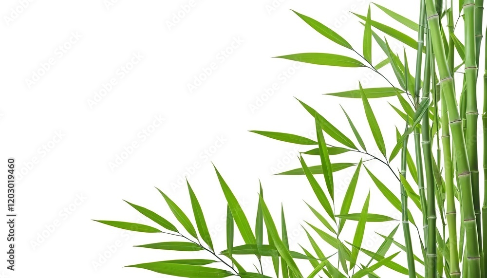 Fototapeta premium Fresh green bamboo leaves and stems against a plain white background. Lush foliage and stems, vibrant color, natural beauty.