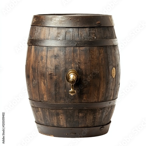 Wooden barrel with a tap, rustic design, white isolated background. photo