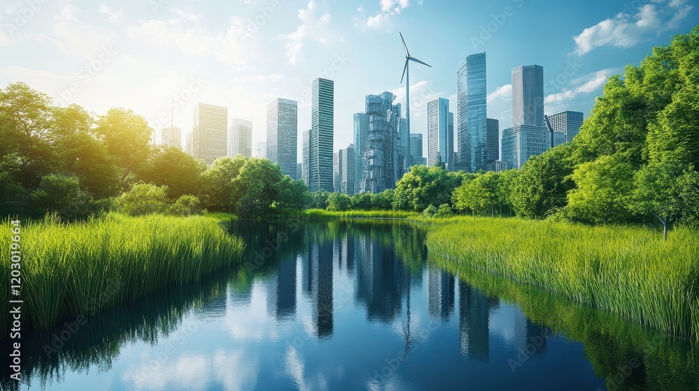 Fototapeta premium A scenic shot of a wealthy, renewable energy-focused city with a solar farm in the foreground and eco-friendly skyscrapers glittering in the sunlight.