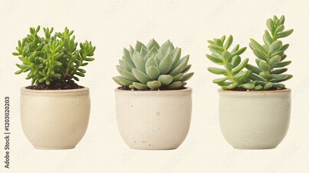 Three white pots with green plants in them Three white pots with green plants in them