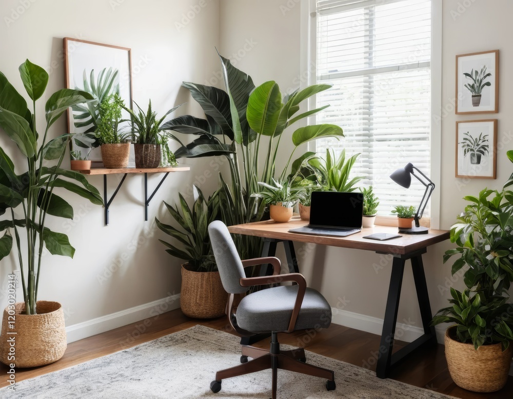 Fototapeta premium Home office with plants and laptop, modern workspace with greenery