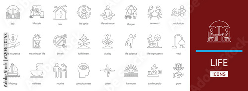 Life icon set. with life cycle, existence, lifebuoy, wellness, ageing, lifesaver, napkin and more line style