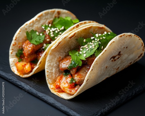 Fusion Cuisine Spotlight Korean-Style Tacos on Black Slate - Vibrant Culinary Aesthetic for Food and Innovative Gourmet Branding photo