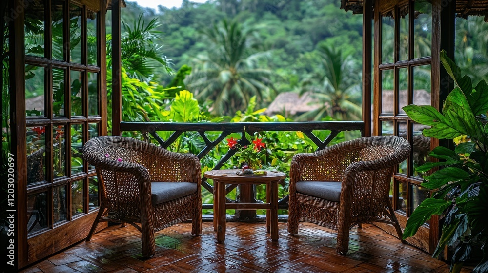 Two chairs on a balcony overlooking trees and tropical nature Two chairs on a balcony overlooking trees and tropical nature