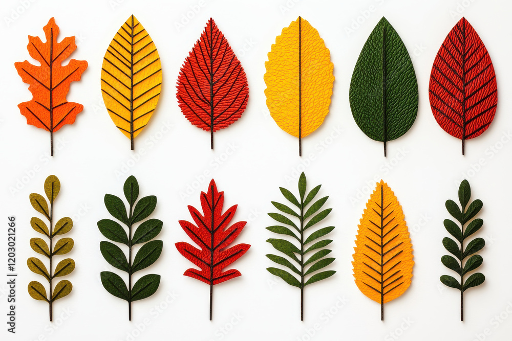 Colorful paper cutout leaves in various shapes and textures arranged on white background Colorful paper cutout leaves in various shapes and textures arranged on white background