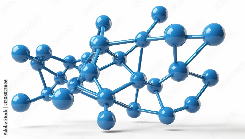 Abstract 3D model of a complex molecule. A network of interconnected blue spheres, representing atoms and bonds. . Abstract 3D model of a complex molecule. A network of interconnected blue spheres, representing atoms and bonds. .