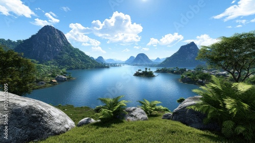 Serene Tropical Lake and Mountain View