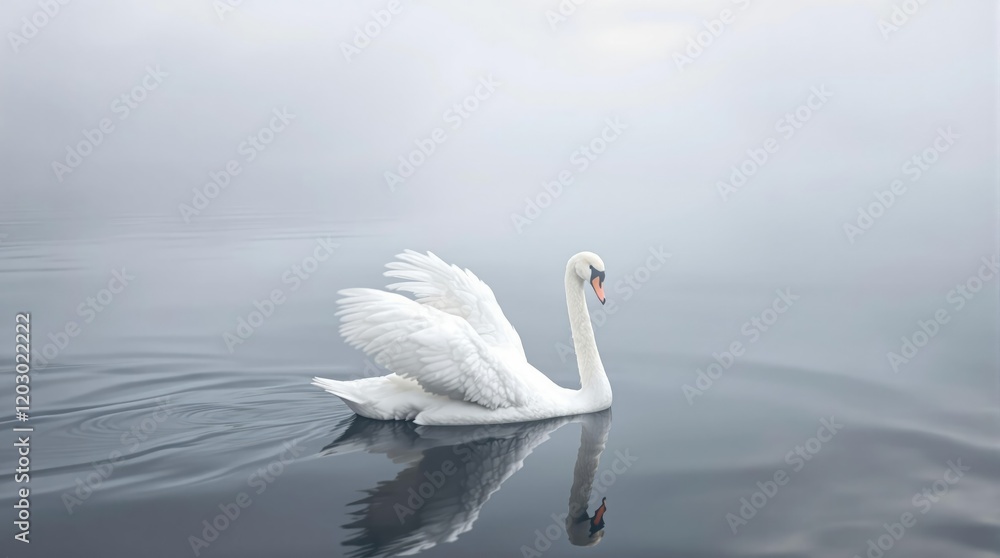 Obraz premium Beautiful white swan cygnus olor gliding on a tranquil pond under overcast skies with wings open, wildlife, nature