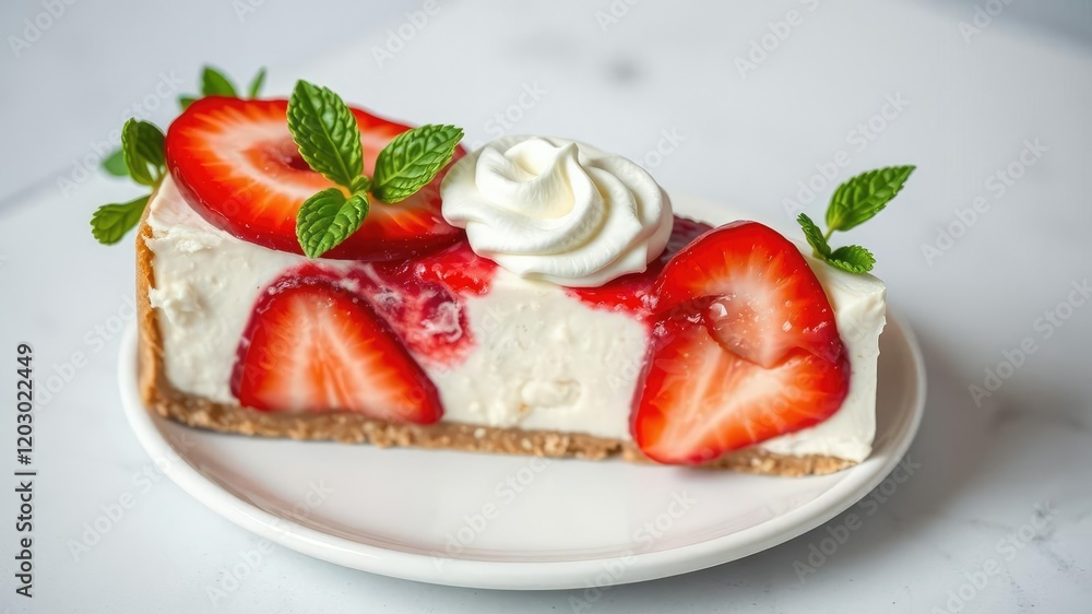 Beautifully arranged slice of homemade cheesecake with fresh strawberry slices and whipped cream, garnished with mint leaves, decorative, baking Beautifully arranged slice of homemade cheesecake with fresh strawberry slices and whipped cream, garnished with mint leaves, decorative, baking