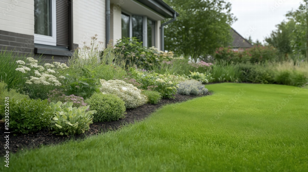 A lush green lawn with a row of flowers and shrubs A lush green lawn with a row of flowers and shrubs