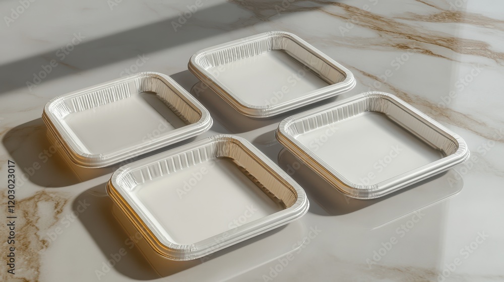 Four Aluminum Foil Food Trays on Marble Surface Four Aluminum Foil Food Trays on Marble Surface