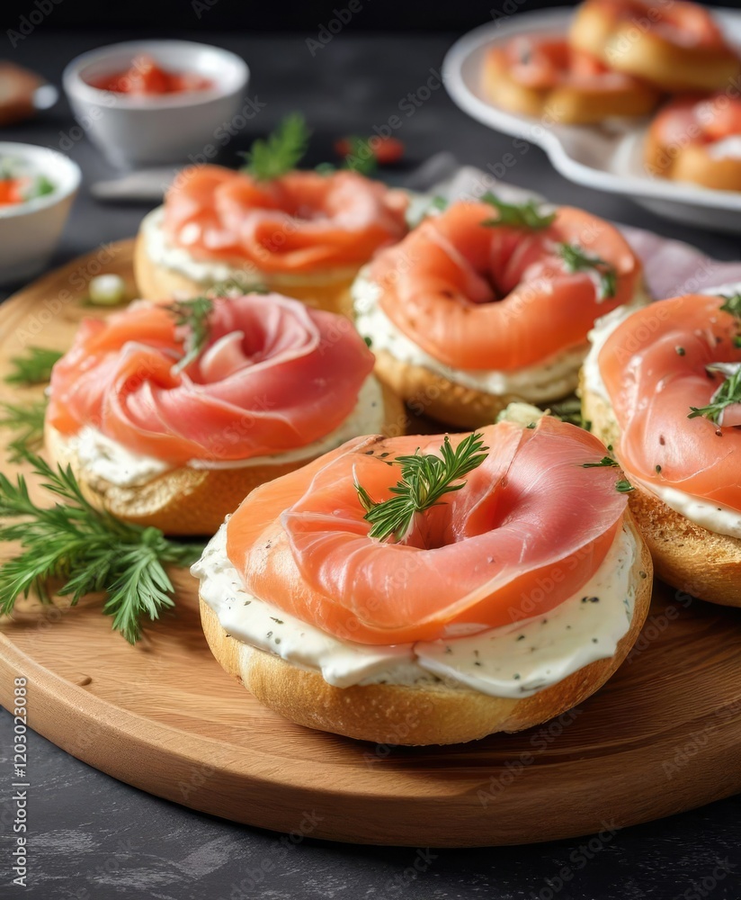 Bagel with cream cheese and lox being served on a platter, serve, cream cheese Bagel with cream cheese and lox being served on a platter, serve, cream cheese
