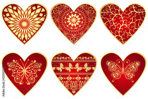 Vector set of 6 doodle red and golden gradient hearts isolated symbols on transparent background