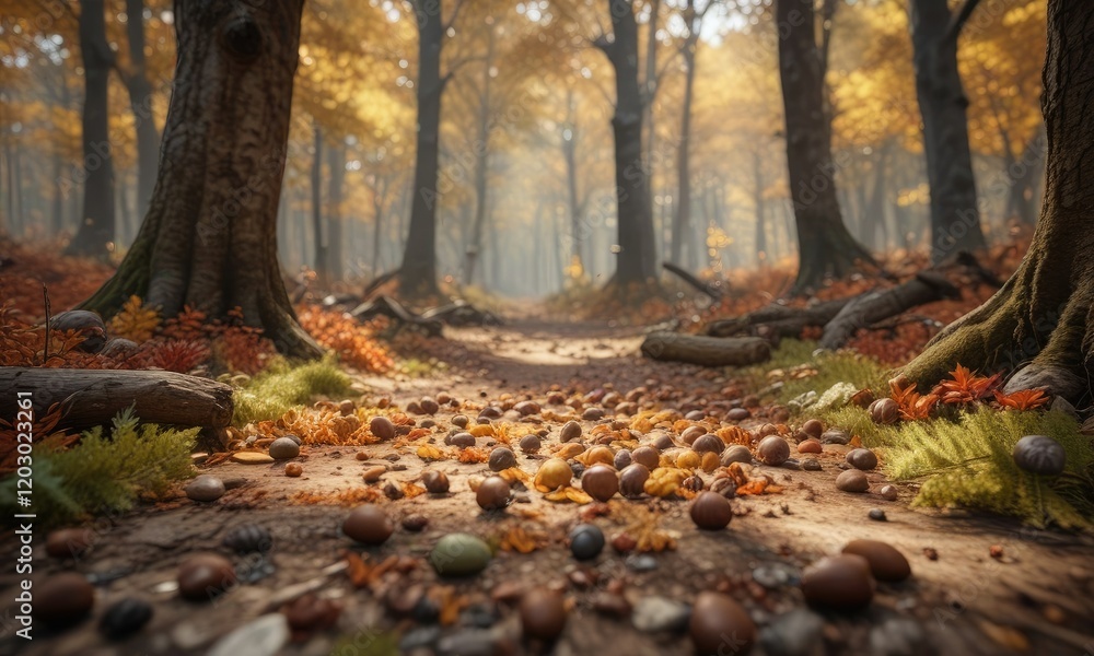 Autumn forest scene with acorns and sticks scattered on the forest floor , fallen branches, acorn caps, autumn leaves Autumn forest scene with acorns and sticks scattered on the forest floor , fallen branches, acorn caps, autumn leaves