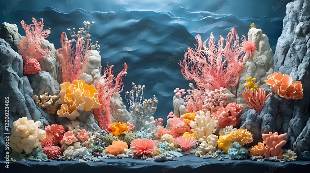 Fototapeta premium Pastel coral reef diorama, ocean backdrop, studio shot, underwater scene