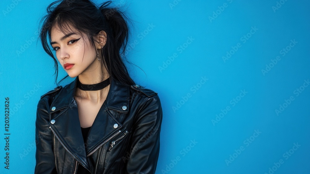 Young Woman Posing in Black Leather Jacket Against Blue Background Young Woman Posing in Black Leather Jacket Against Blue Background