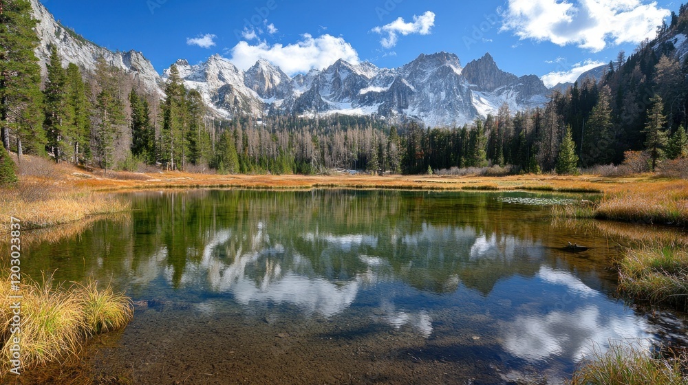 Mountain Lake Reflecting Snowy Peaks and Autumnal Trees Mountain Lake Reflecting Snowy Peaks and Autumnal Trees