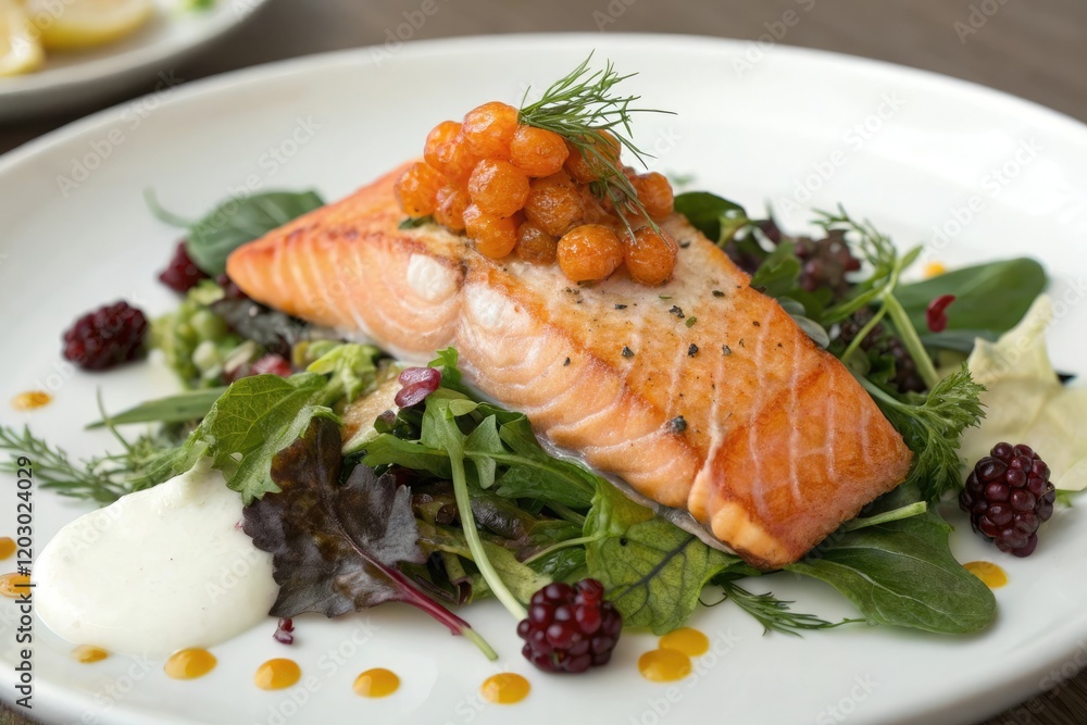 Arctic char fillet placed atop a bed of mixed greens with a dollop of creamy sauce and garnished with fresh herbs and cloudberries, arctic char, cloudberries Arctic char fillet placed atop a bed of mixed greens with a dollop of creamy sauce and garnished with fresh herbs and cloudberries, arctic char, cloudberries