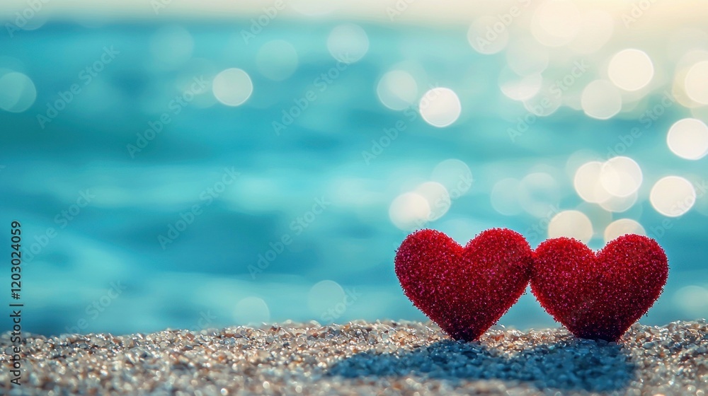 Fototapeta premium Two hearts on sand with blurred ocean behind for a romance theme use