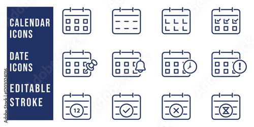 Calendar icon set. date, schedule, agenda icons. Solid icon collection. Line icons. Editable stroke. Vector illustration