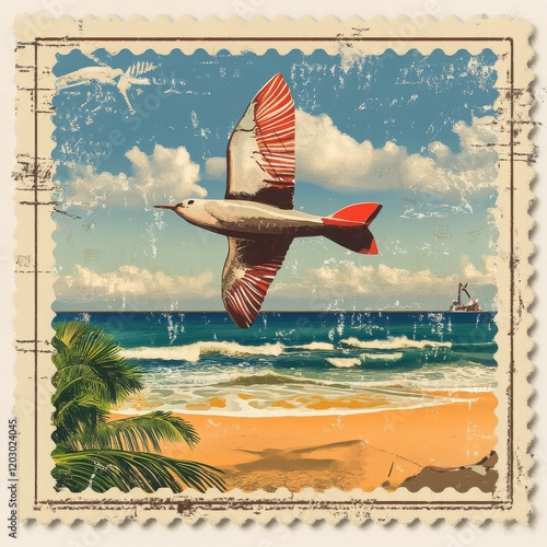 Vintage Postcard: A nostalgic, vintage-style postcard depicting a bird in flight over a tranquil beach scene.