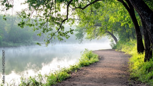 Misty River Path at Sunrise