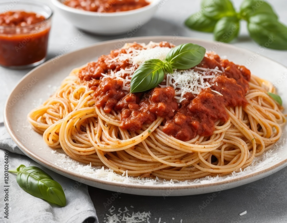 Spaghetti with Tomato Sauce, Parmesan Cheese and Basil Spaghetti with Tomato Sauce, Parmesan Cheese and Basil