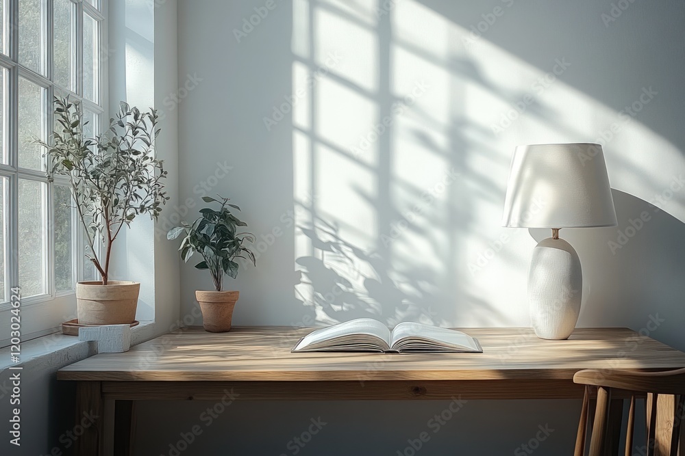 Fototapeta premium Sunlit desk, open book, plants, lamp, peaceful.