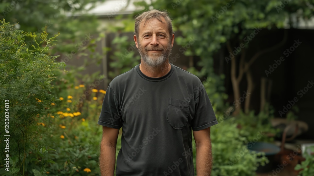 A man with a beard and a black shirt is standing in a garden A man with a beard and a black shirt is standing in a garden