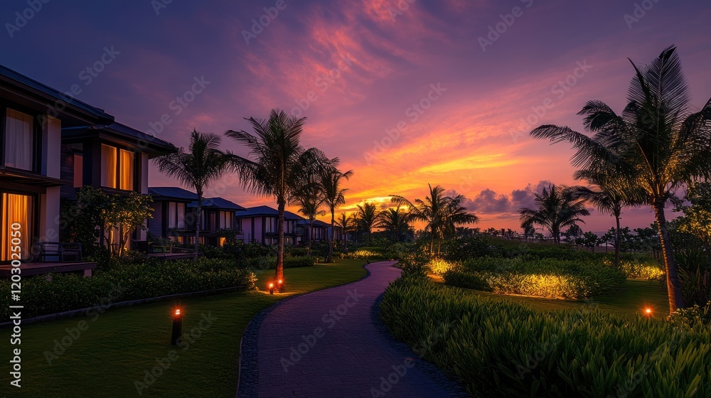Tropical Villas Sunset Pathway Illuminates Evening Scene Tropical Villas Sunset Pathway Illuminates Evening Scene