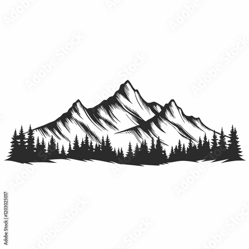 A mountain range with trees and a white background. The trees are black and the mountains are white