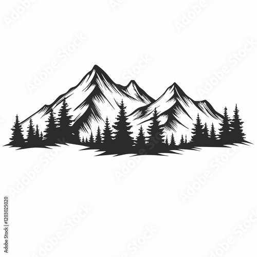 A mountain range with trees and a white background. The trees are black and the mountains are white