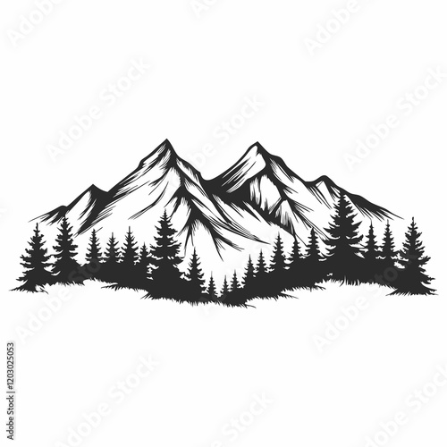 A mountain range with trees and a white background. The trees are black and the mountains are white