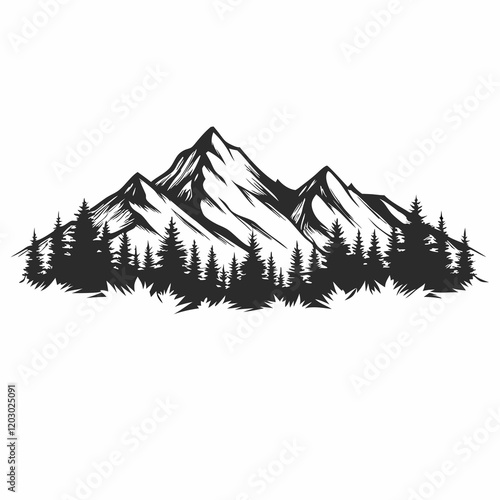 A mountain range with trees and a white background. The trees are black and the mountains are white