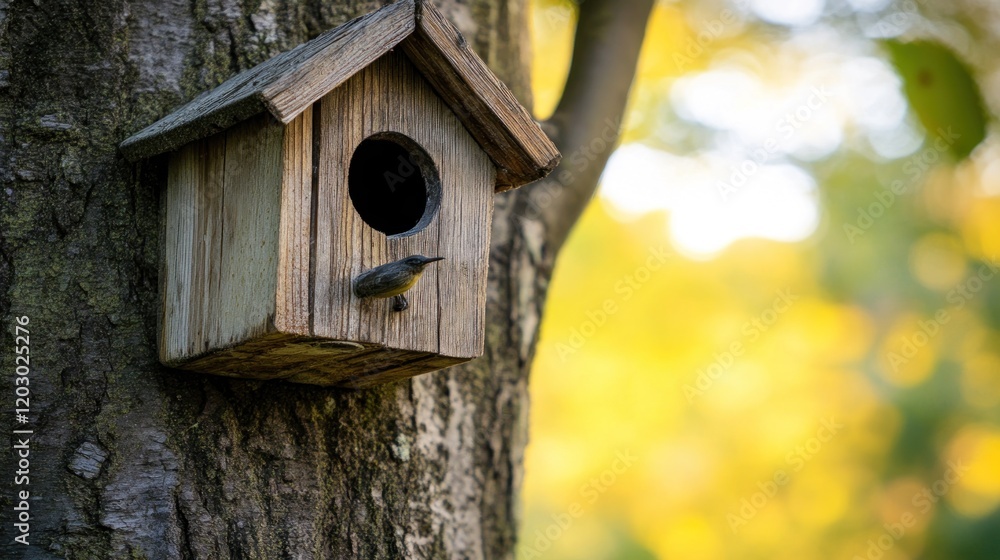 Small bird perched near wooden birdhouse entrance Small bird perched near wooden birdhouse entrance
