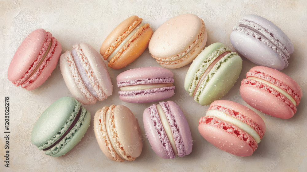A playful arrangement of colorful macarons with intricate textures, pastel colors (pink, mint A playful arrangement of colorful macarons with intricate textures, pastel colors (pink, mint