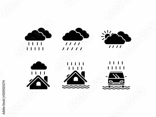 Illustration icon of rain clouds, house and flooded vehicle. Suitable for weather or forecast designs.
