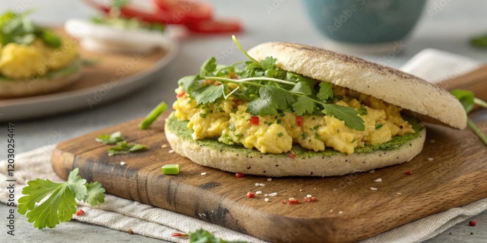 Close-up shot of a chia arepa filled with scrambled eggs and fresh herbs, breakfast ingredients, egg, herbs Close-up shot of a chia arepa filled with scrambled eggs and fresh herbs, breakfast ingredients, egg, herbs