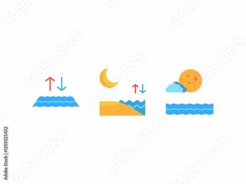 sea ​​tide glyp design icon,
Three tide representations for day, night, high, low water levels. Suitable for educational materials, weather forecasts, marinerelated projects.