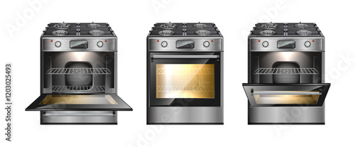 3d realistic vector icon illustration. Modern oven, multi functional gas stove with blue fire burner, with closed, half open and open oven.
