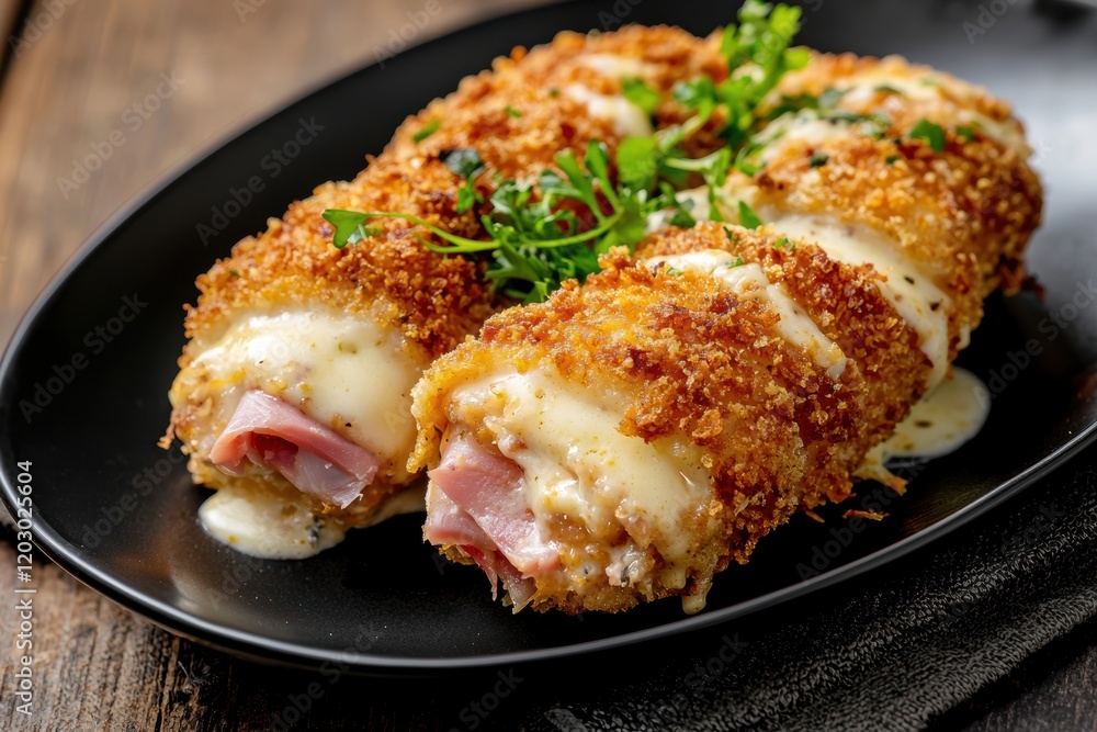 Close-up of chicken cordon bleu with cheese and ham. Close-up of chicken cordon bleu with cheese and ham.