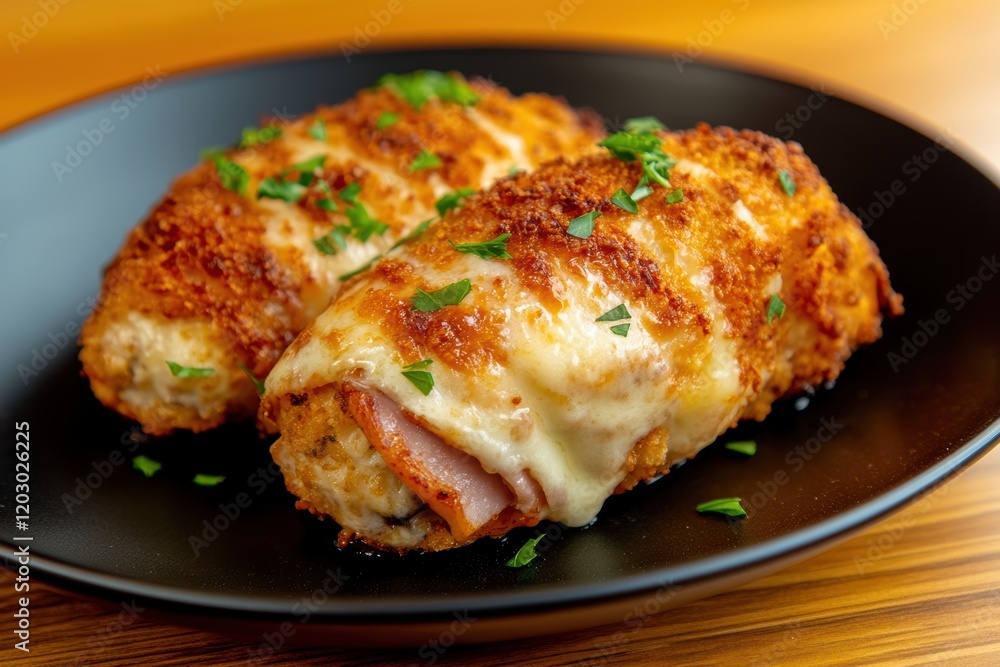 Close-up of chicken cordon bleu with cheese and ham. Close-up of chicken cordon bleu with cheese and ham.