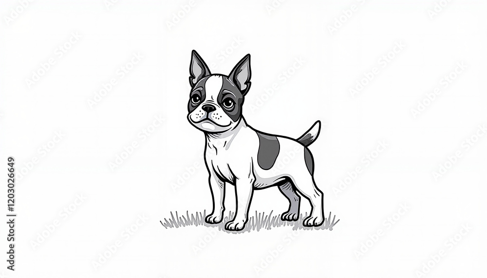 Adorable Boston Terrier standing on grass, playful companionship Adorable Boston Terrier standing on grass, playful companionship