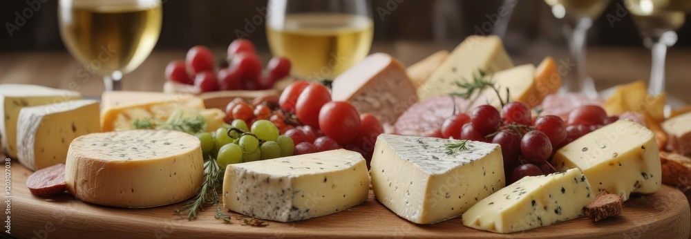 Close-up of a variety of cheeses and savory meats with a glass of white wine on a wooden serving board, appetizing, delicious spread, wine connoisseur, elegant setting, entertaining guests Close-up of a variety of cheeses and savory meats with a glass of white wine on a wooden serving board, appetizing, delicious spread, wine connoisseur, elegant setting, entertaining guests