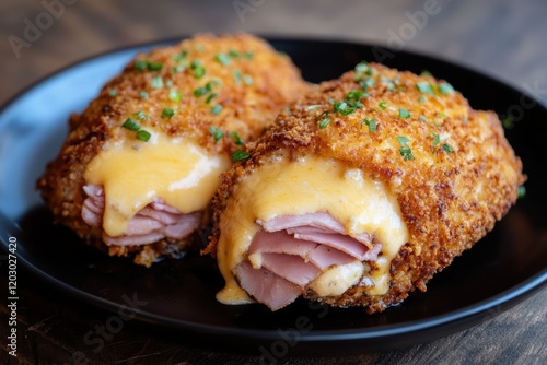 Close-up of chicken cordon bleu with cheese and ham. photo