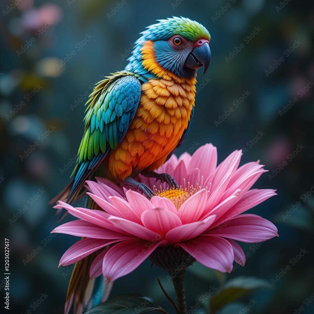 Fototapeta premium a colorful bird sitting on a pink flower, airbrush painting 