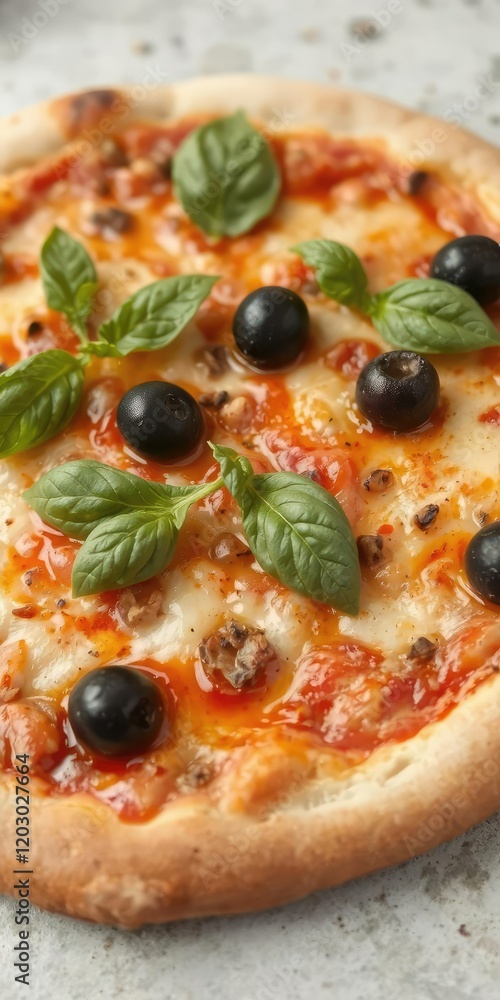 Close up of a gourmet pizza topped with fresh basil leaves and olives, Italian, oven, meal Close up of a gourmet pizza topped with fresh basil leaves and olives, Italian, oven, meal